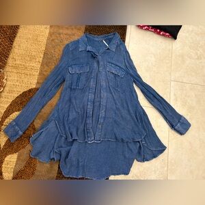 Free People Blue Button-Down Textured Long Sleeve Tunic